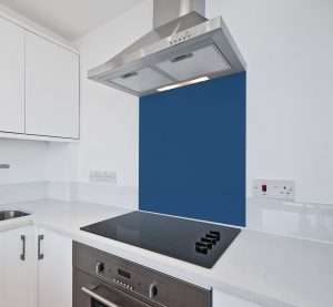 dark blue glass splashback